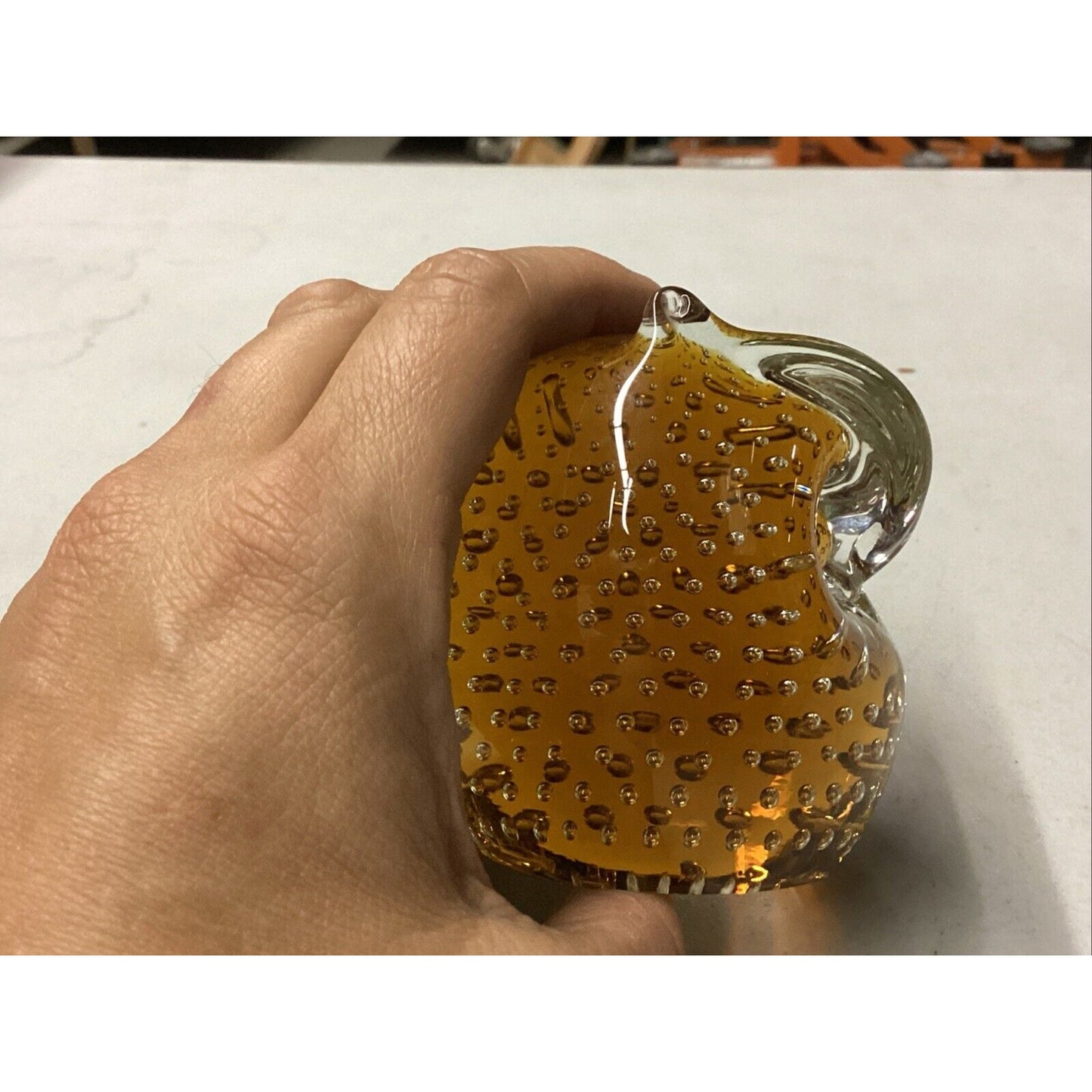 Pilgrim Glass Handblown Horned Owl Paperweight Controlled Bubble Amber USA