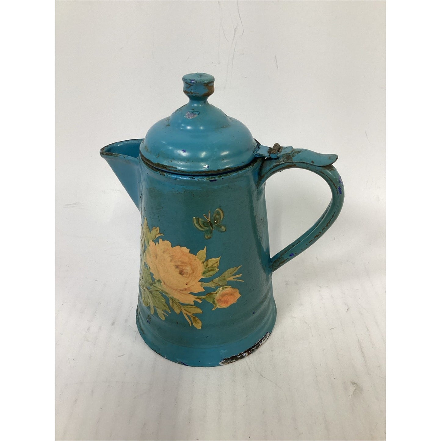 Antique French Or Belgian Floral Enamelware Coffee Pot