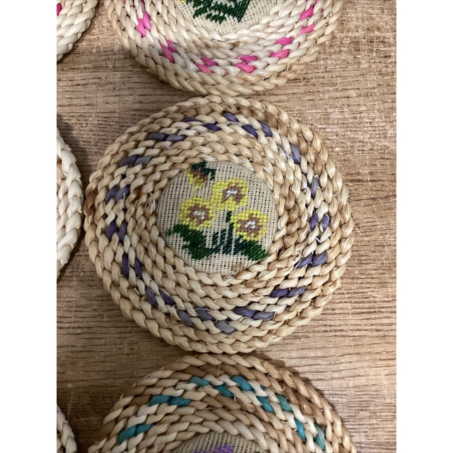 Set Of 8 Floral Woven Hot Plates/Trivets - 7”D