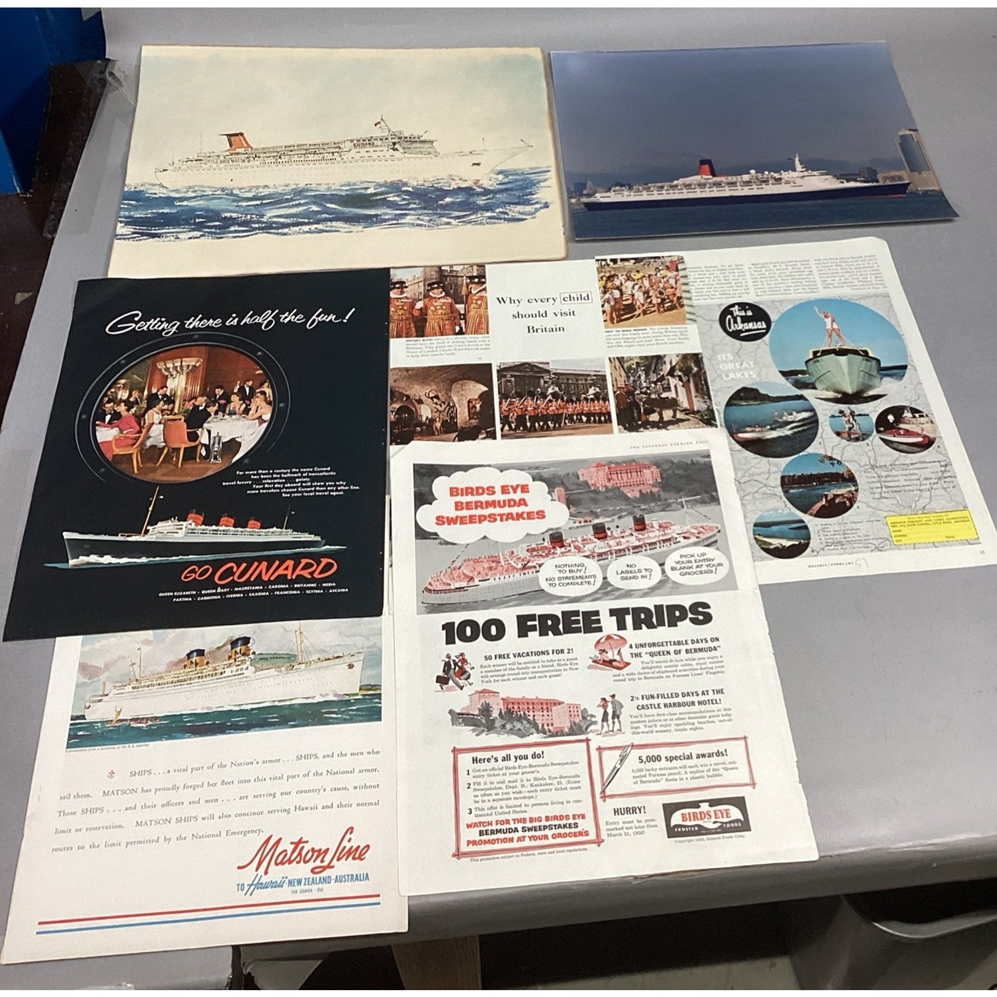 Lot Of 7 - Cunard Poster Print, 1 Photo, 1 Mag Article - Matson & Bermuda Lines