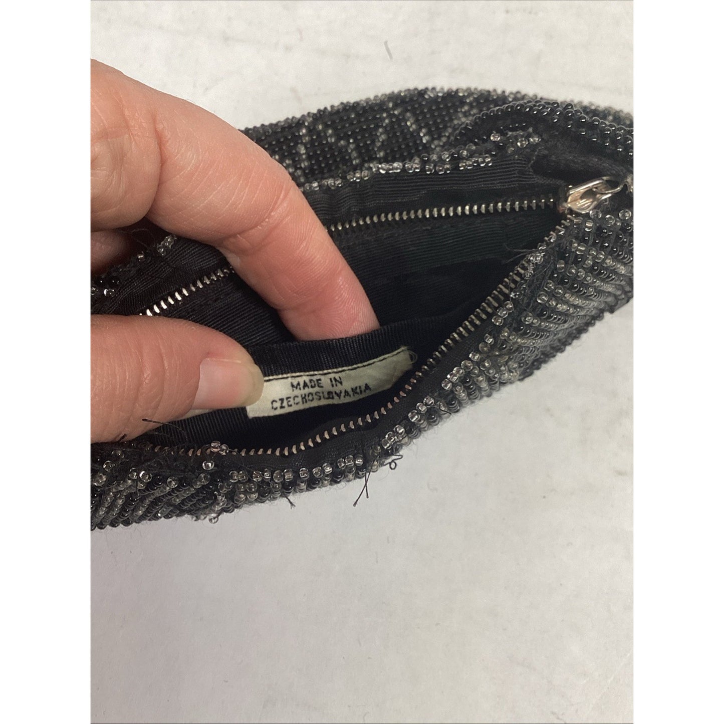 Antique Beaded Black Floral Purse Clutch - Made In Czechoslovakia