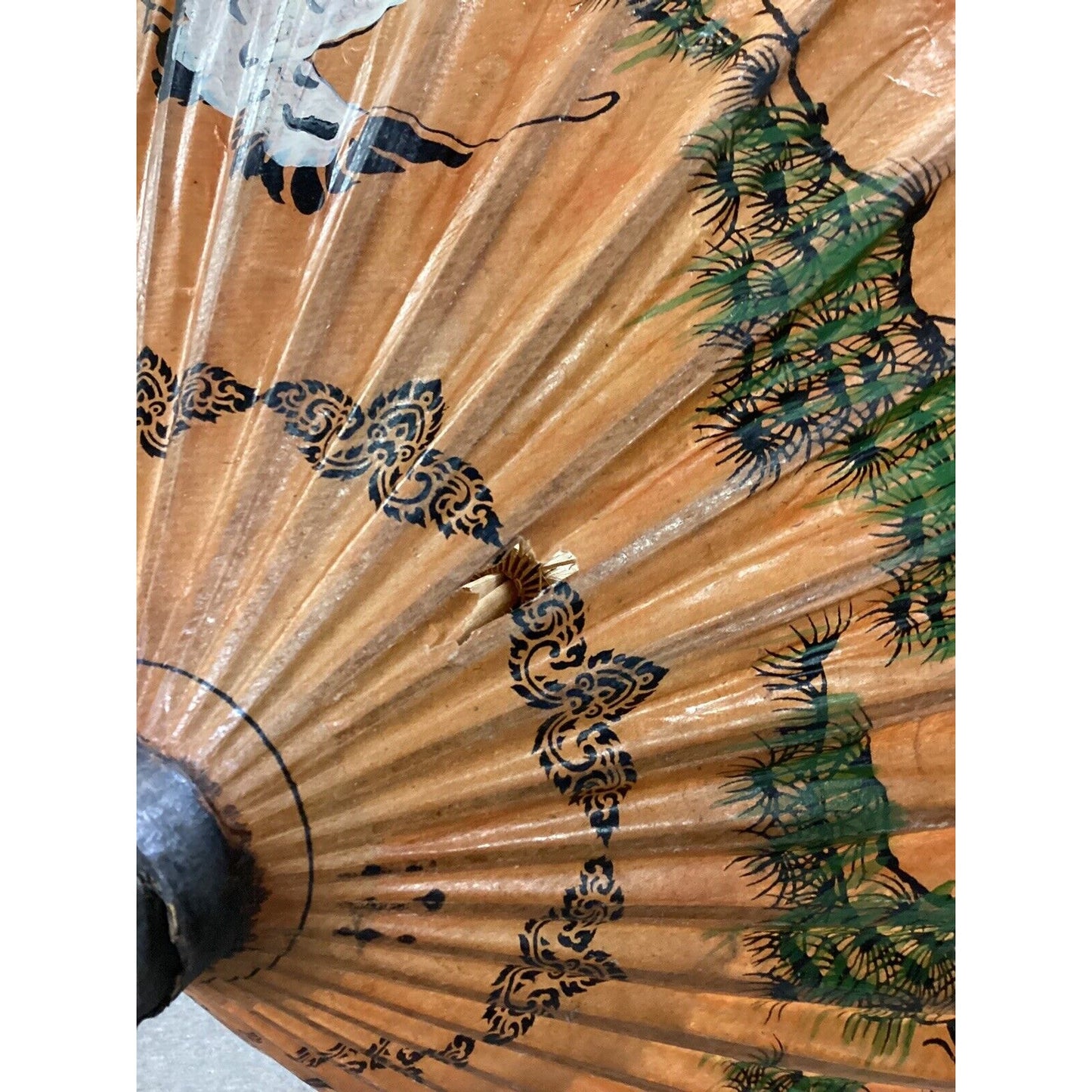 Vintage Japanese Asian Rice Paper Bamboo Umbrella Parasol - Damaged