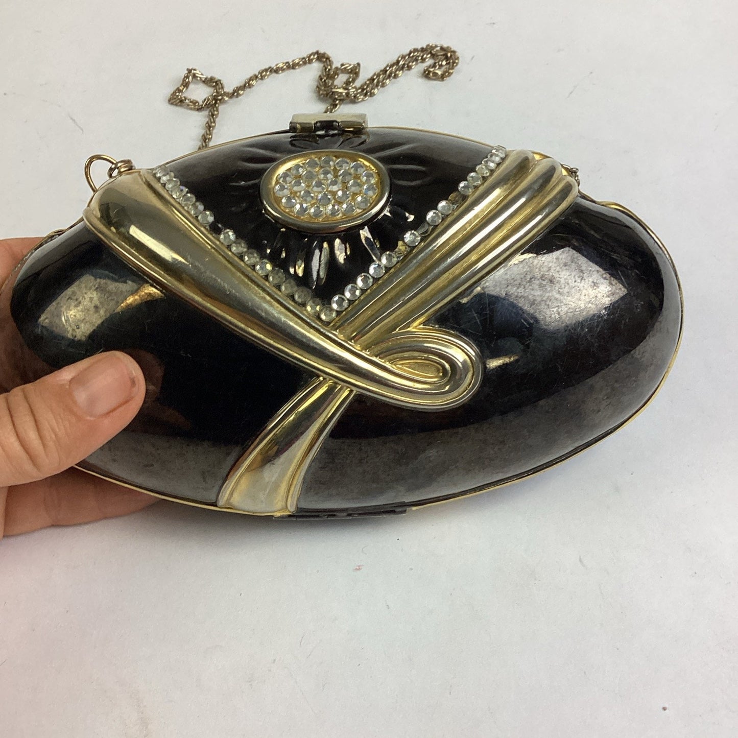 Vintage Black Evening Bag With Gold Trim, Rhinestones And Gold Chain
