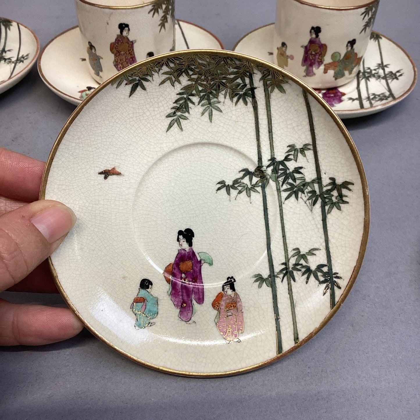 Set Of 6 Vintage Satsuma Japanese Porcelain Cups & Saucers