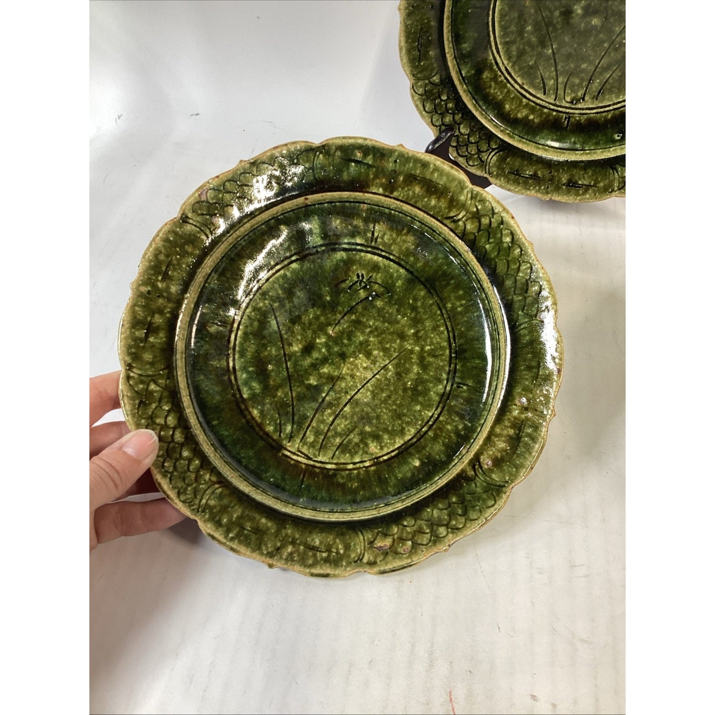 Handmade Hand Painted Dark Green Soup Salad Bowls - 8.25”D