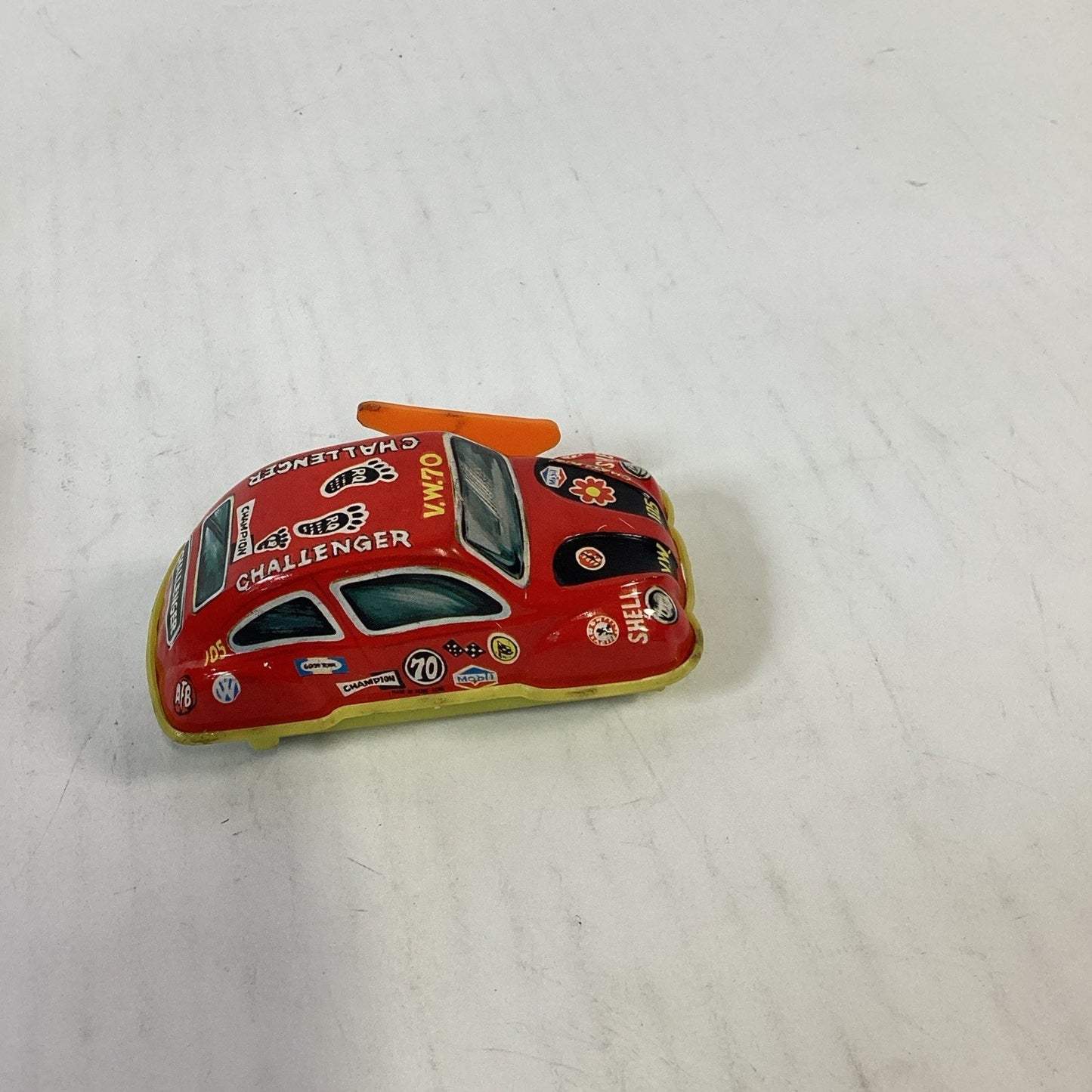 Vtg Japanese Tin Litho Wind Up Cars VW Beetle Police Car & Red VW Challenger