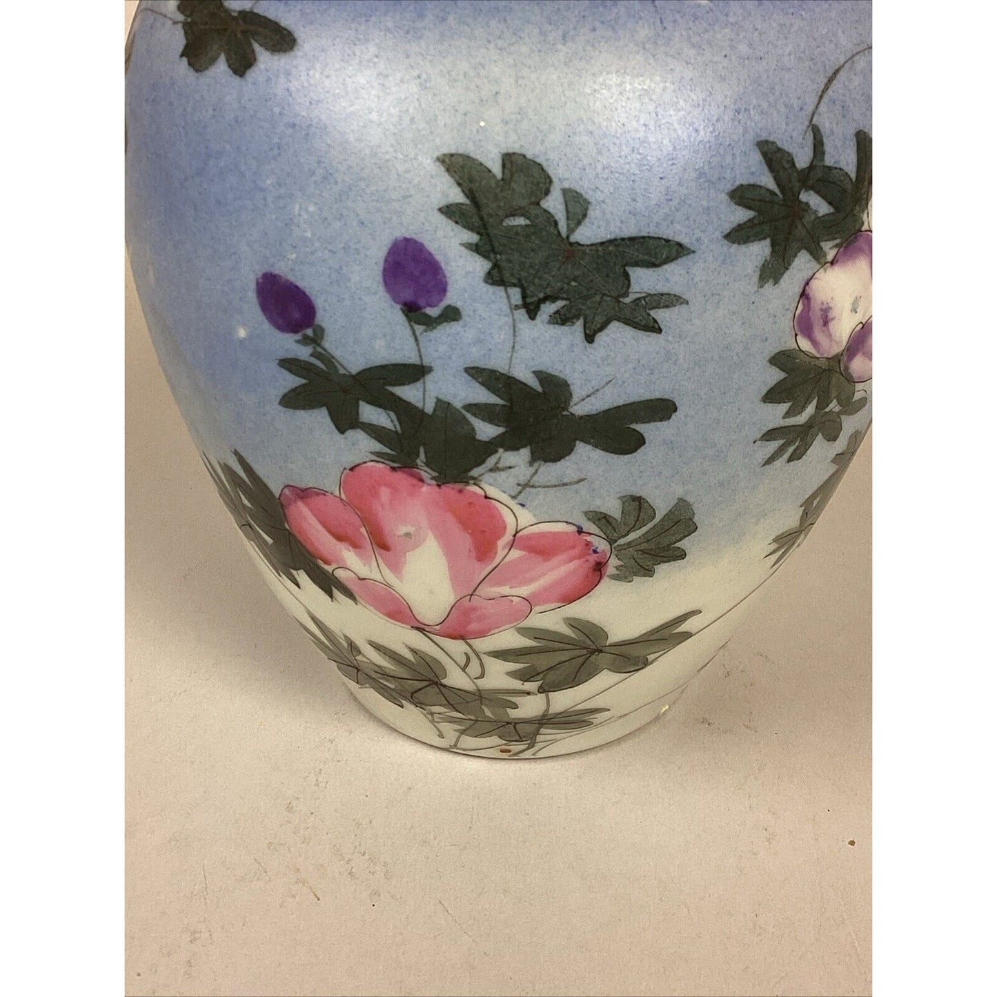 Antique Japanese Floral Vase With Pink/Purple Flowers & Flying Birds - 6 3/4”H