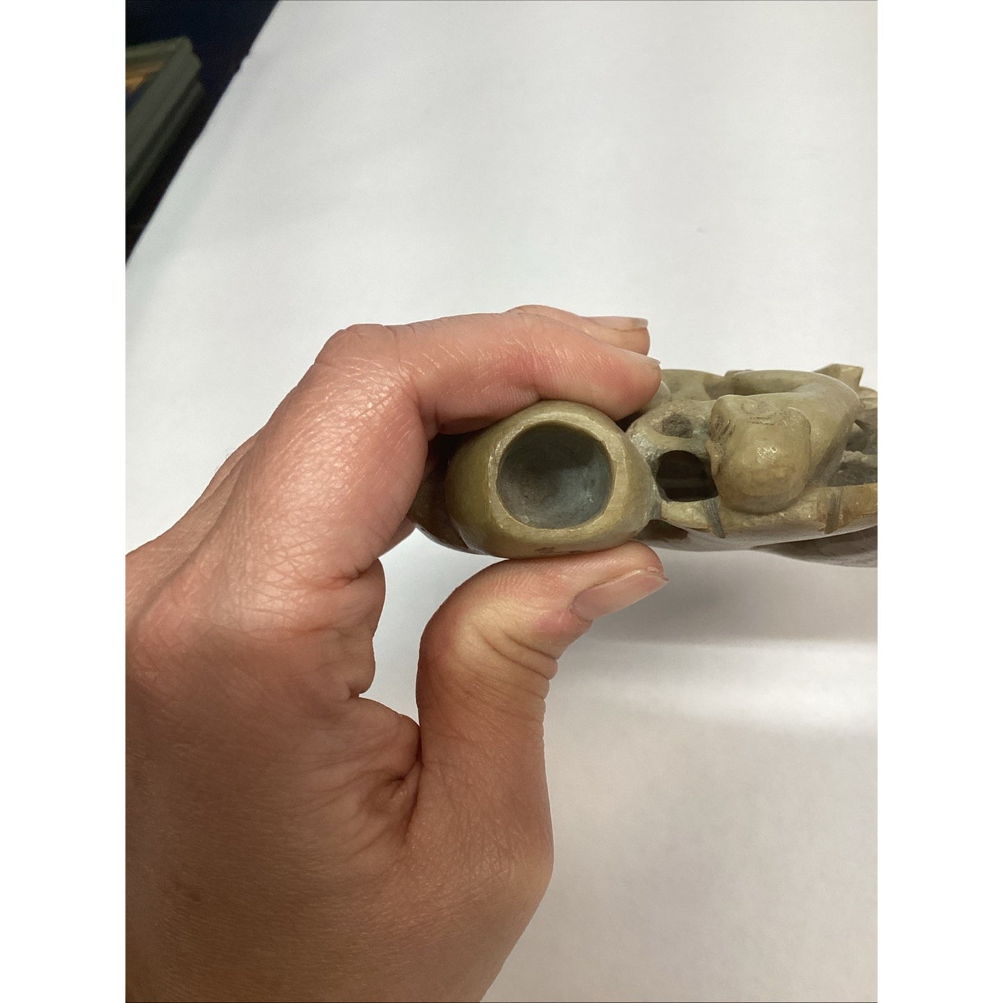 Vintage Hand Carved Chinese Soapstone Monkey Vase Or Toothpick Holder Figurine