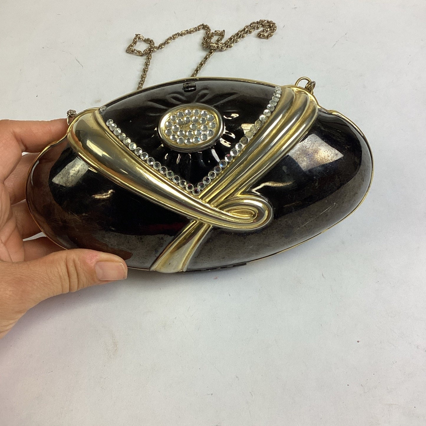 Vintage Black Evening Bag With Gold Trim, Rhinestones And Gold Chain