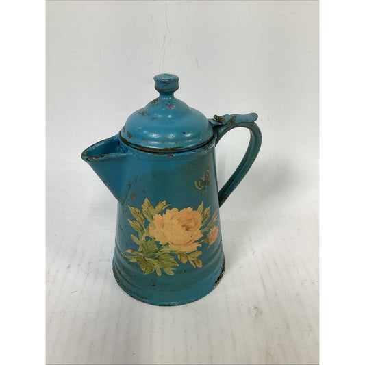 Antique French Or Belgian Floral Enamelware Coffee Pot