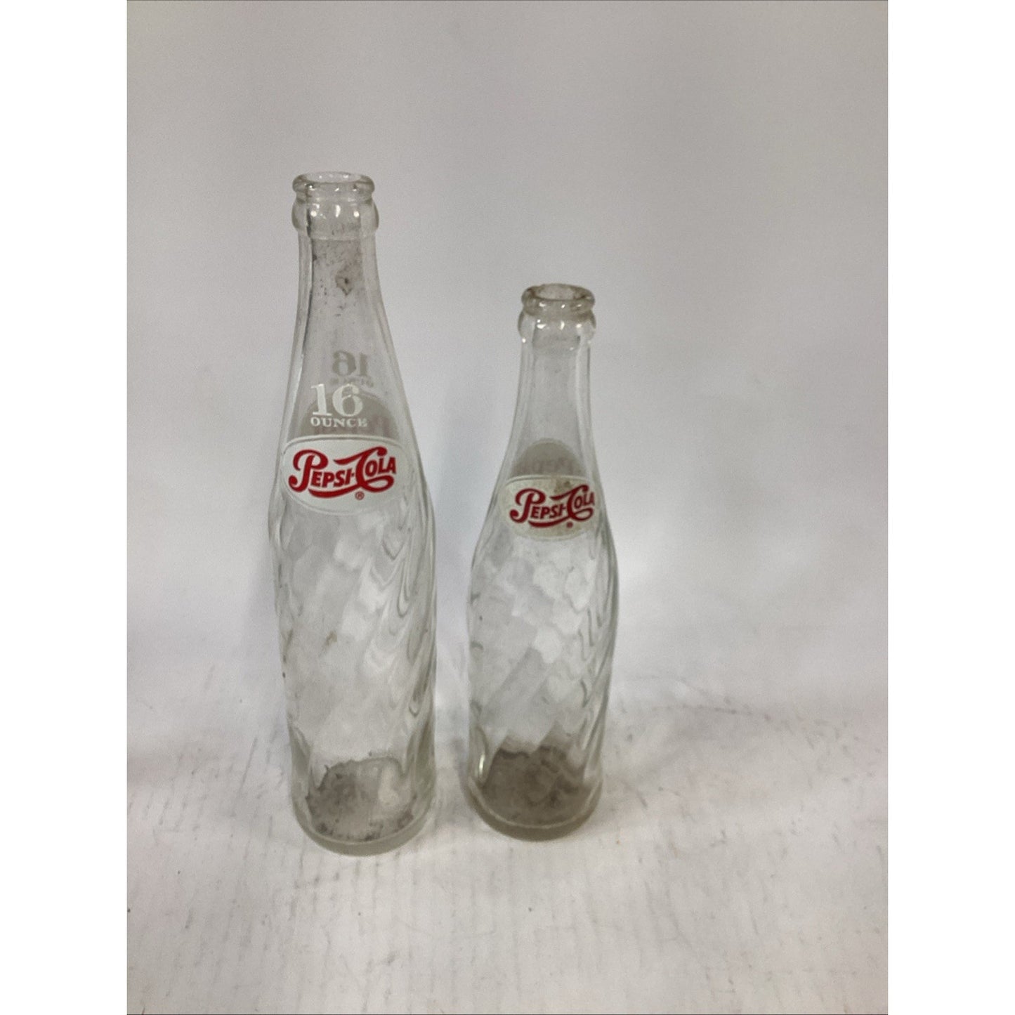 Lot Of 2 Vintage Glass Pepsi Bottles - 16oz & 8 Oz