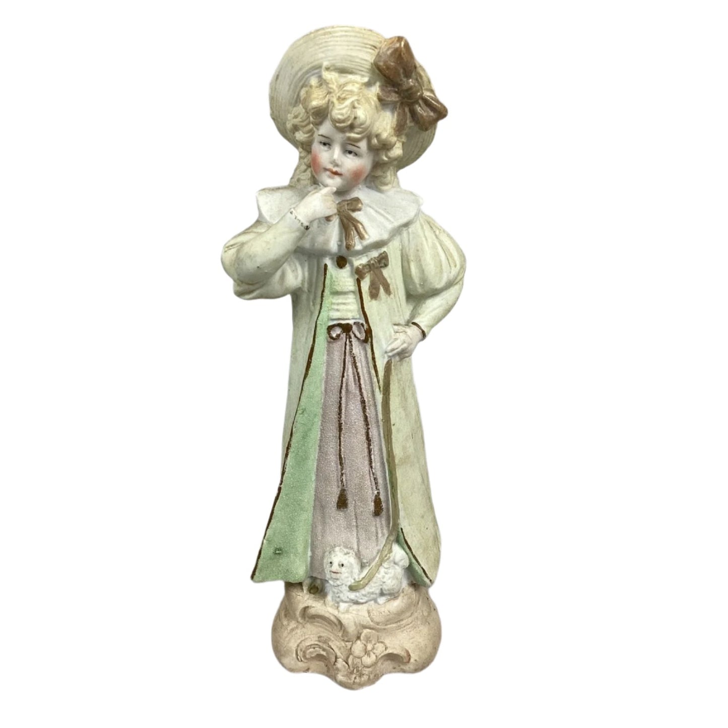 Antique Bisque Porcelain Figurine Of A Young Child And A Dog - 9”H