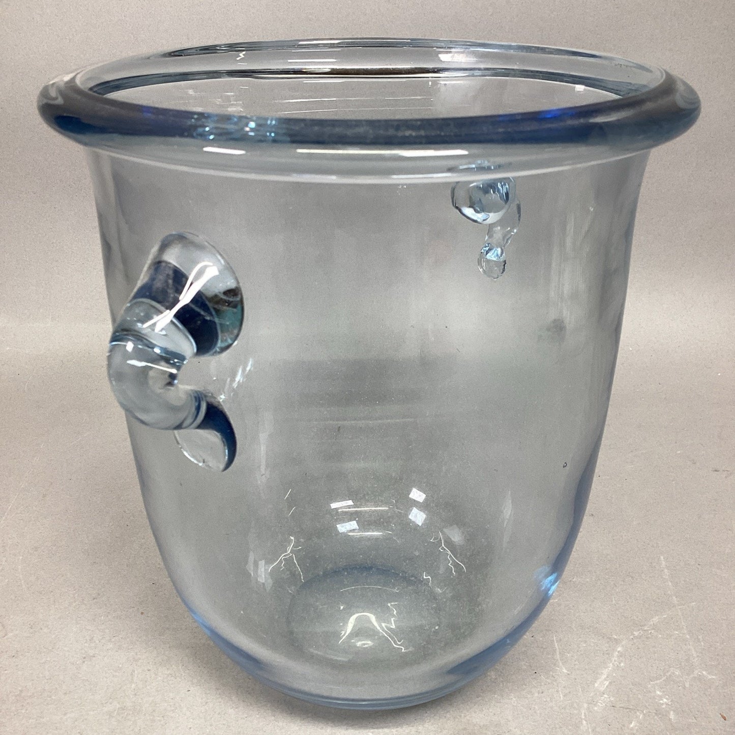 Mid Century Modern Blue Glass Ice Bucket With 2 Handles - 8.25”Hx7”D
