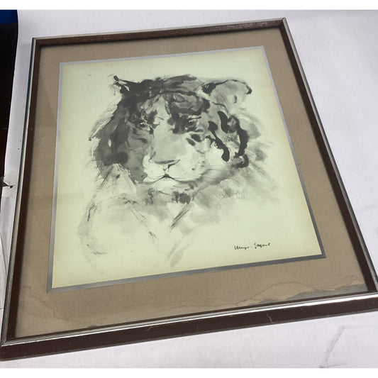 Ubirajara Gomes Signed Tiger Head In Ink - Framed - 24.5x20.5”