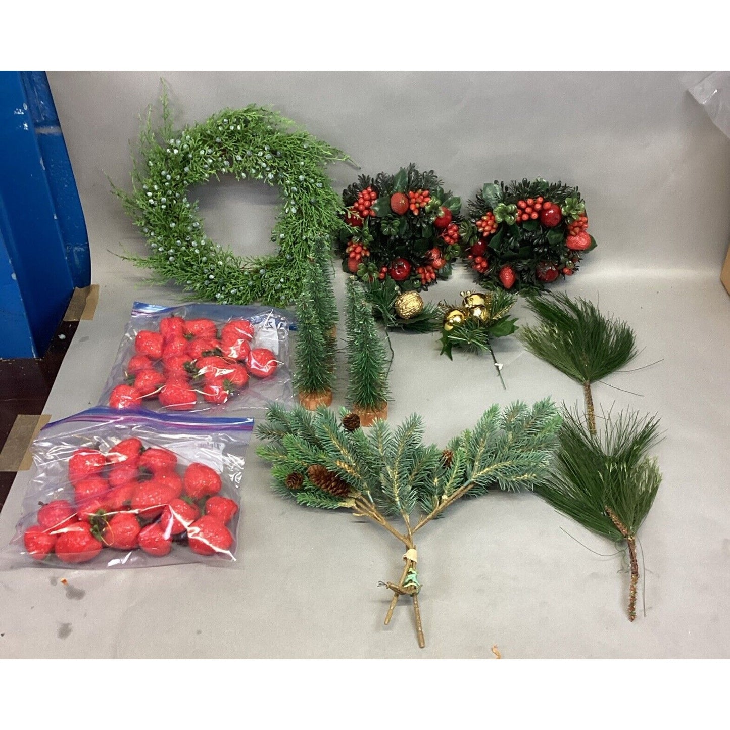 Lot Of 18 - Christmas Wreath, 5 Mini Trees, 2 Centerpieces & Strawberry Ornamen
