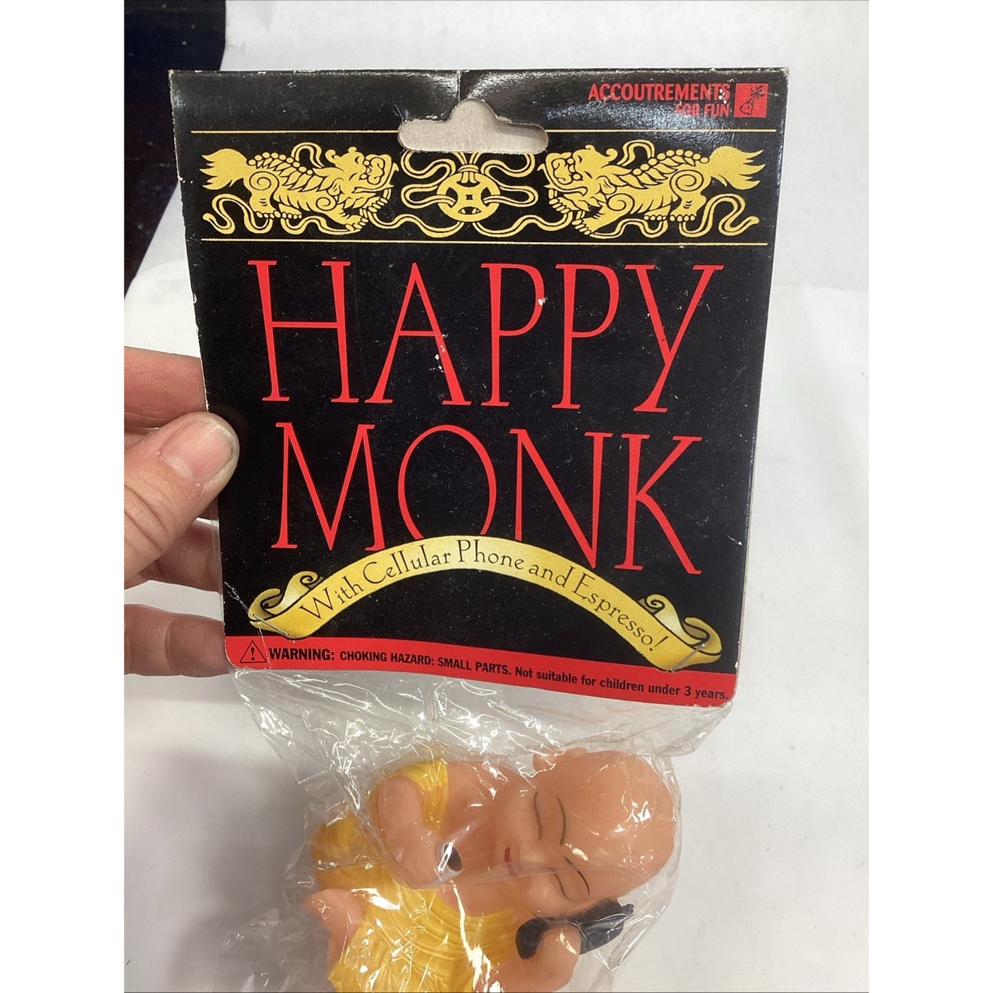 Vintage 1995 Happy Monk Squeaky Toy Holding An Espresso And Cellphone - New