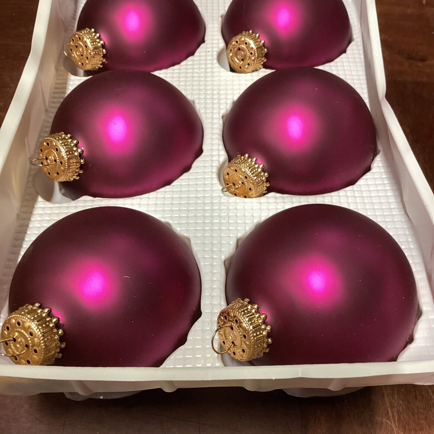 6 KREBS Christmas Glass BALL Ornaments SATIN Burgundy Red/Purple Wine 2.6" W/Box