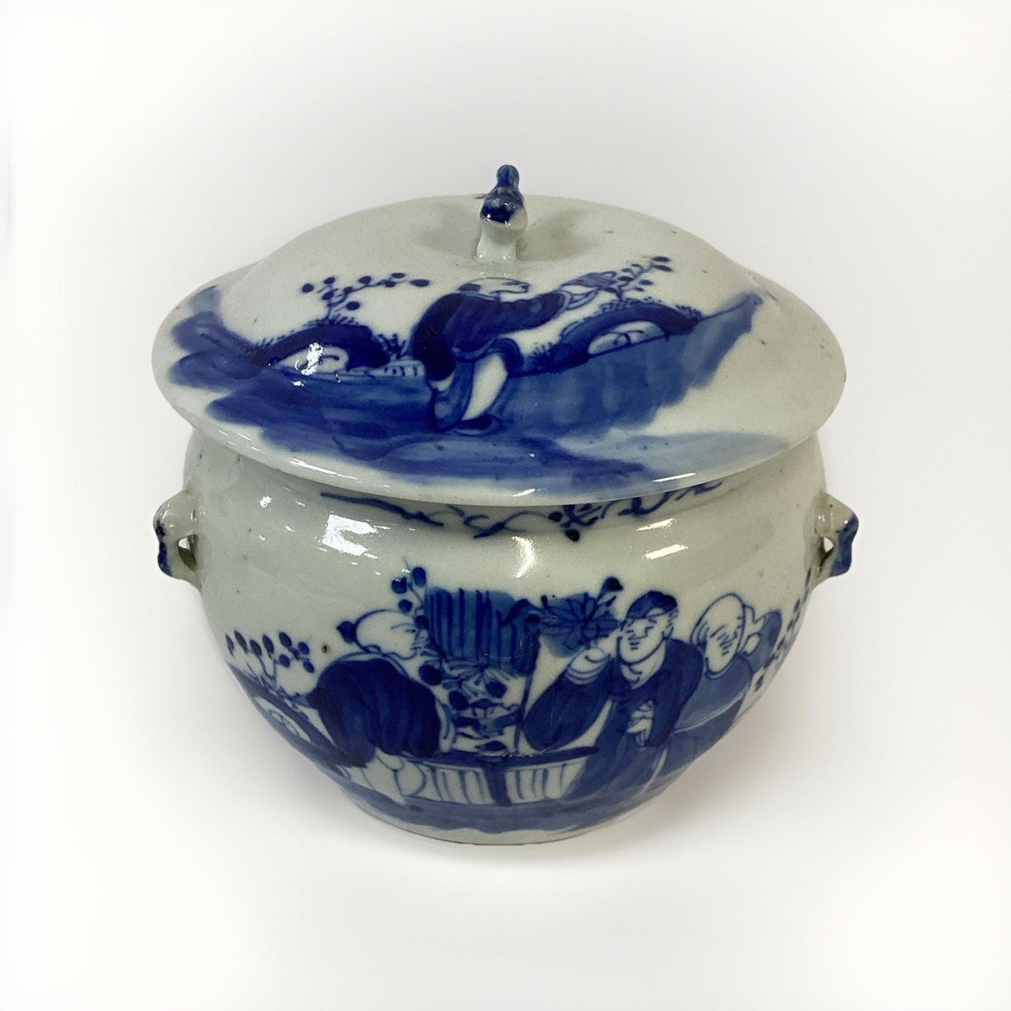 Antique 1851-1861 Chinese Blue And White Porcelain Kamcheng Covered Jar Qing Dyn