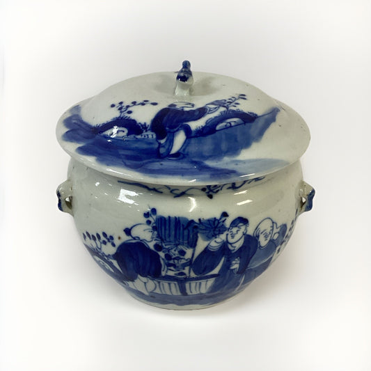 Antique 1851-1861 Chinese Blue And White Porcelain Kamcheng Covered Jar Qing Dyn