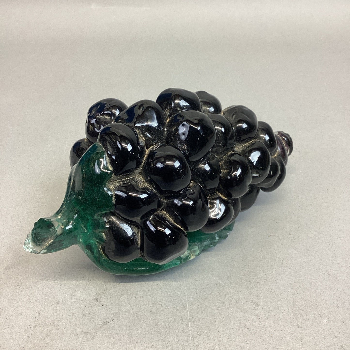 Hand Blown Glass Purple Grapes & Emerald Green Stem & Leaf Paper Weight - 7.25”L
