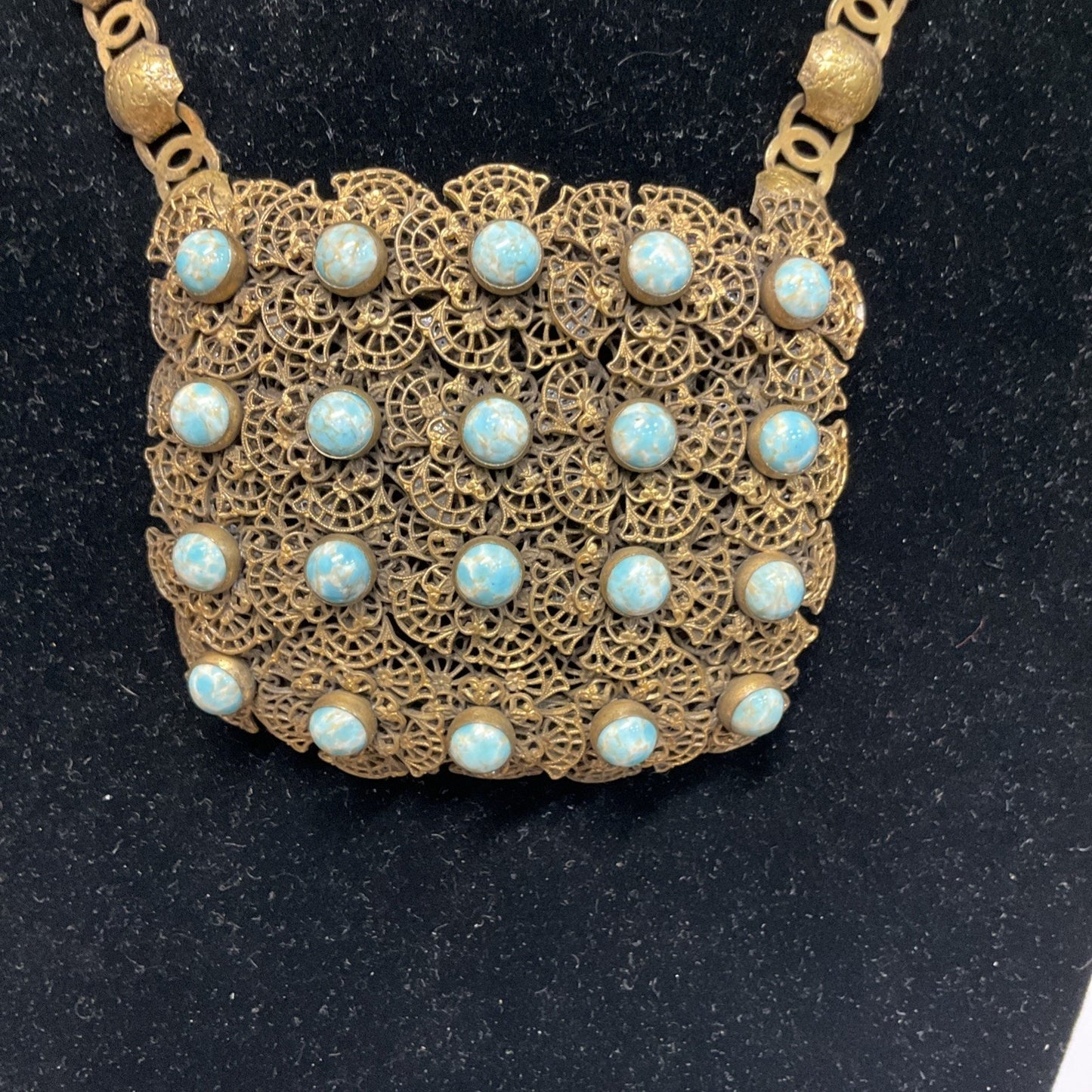Vintage Jewelry Gold Blue Confetti Glass Bib Necklace RARE