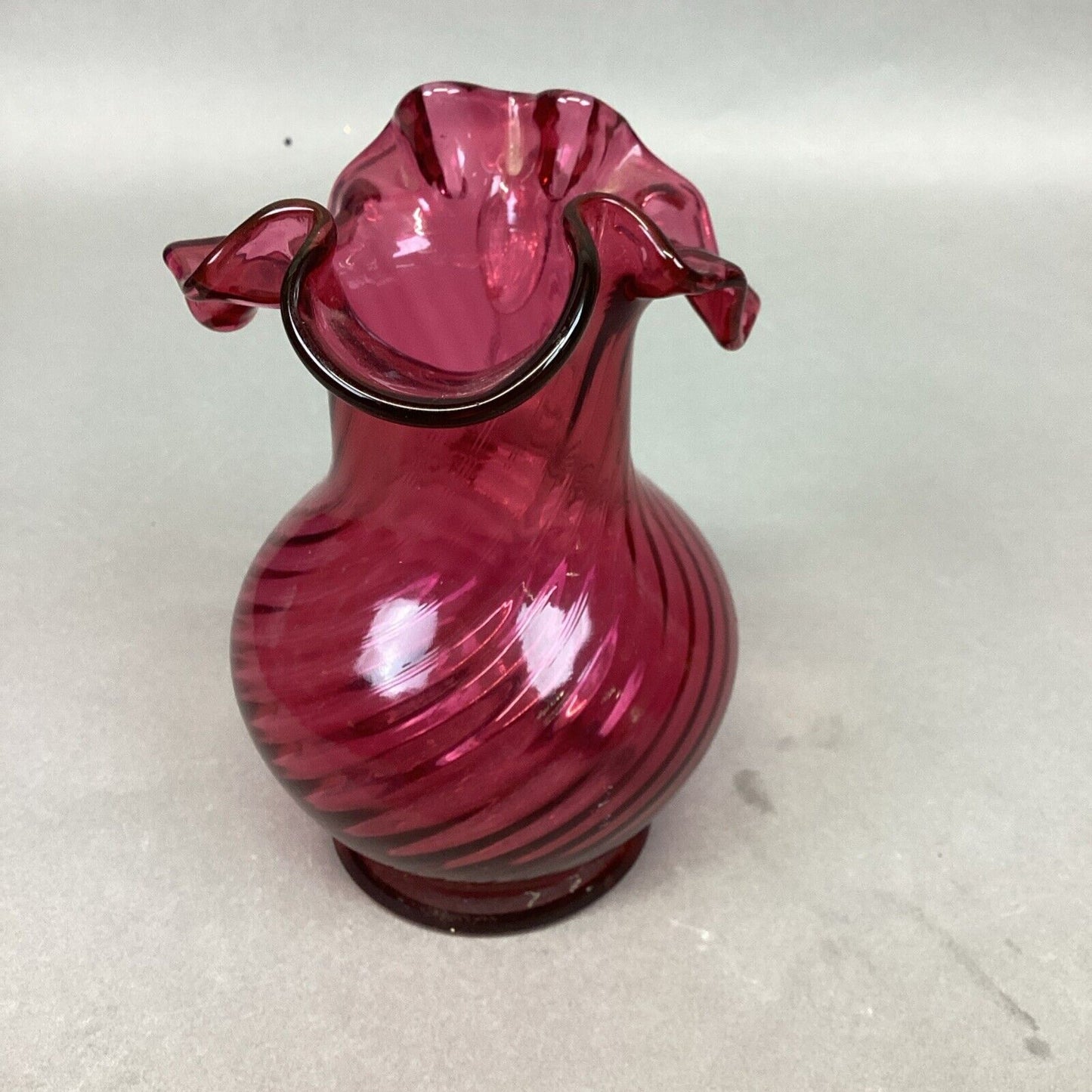 Fenton Cranberry Spiral Swirl Crimped Rim Glass Pitcher W/ Clear Handle - 5.5”H