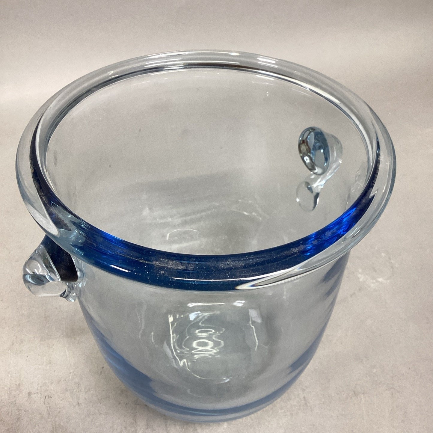Mid Century Modern Blue Glass Ice Bucket With 2 Handles - 8.25”Hx7”D