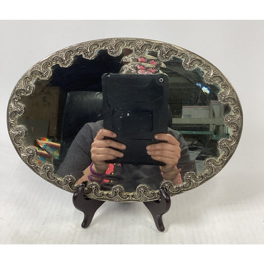 Antique Serving Plateau W/ A Mirrored Surface & Scroll Embossed Border