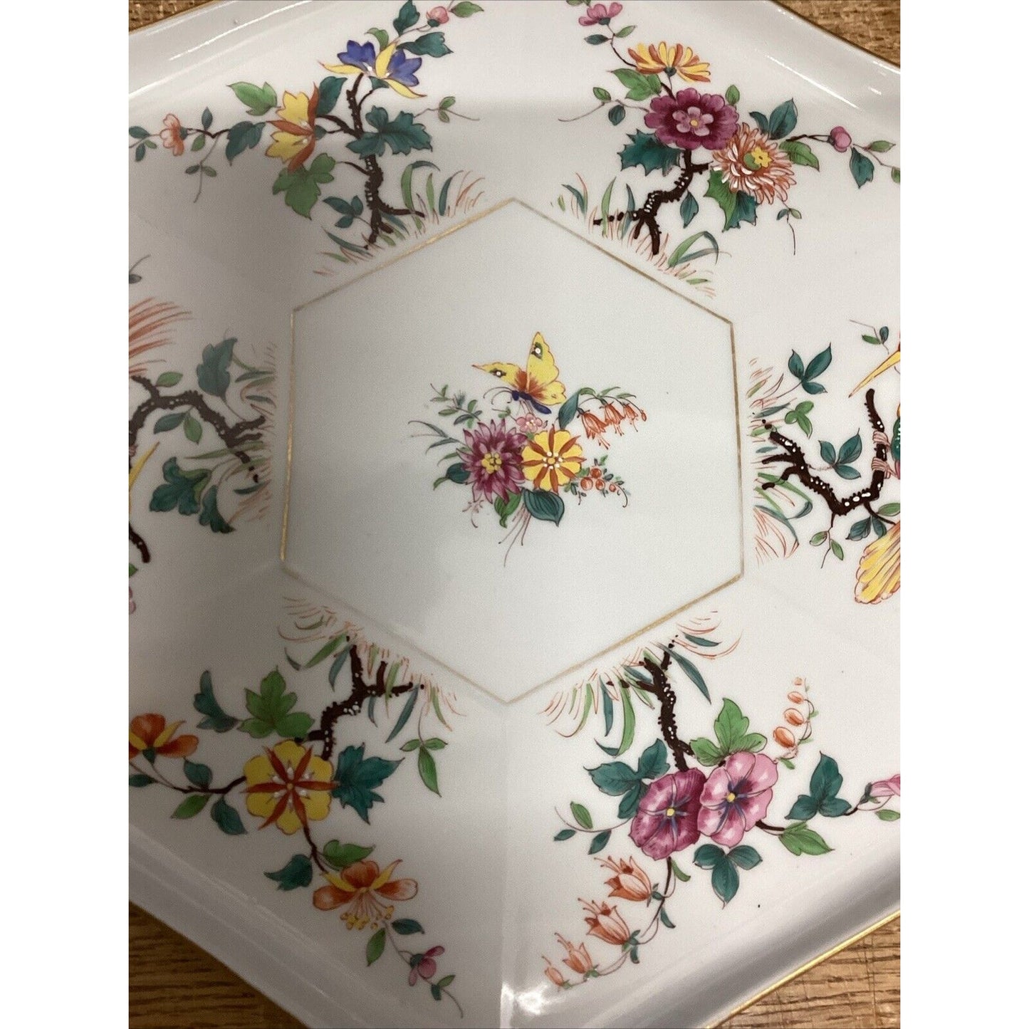 Vintage Porcelain And Ceramic Floral Platter With Birds & Butterflies - 12.5x11”