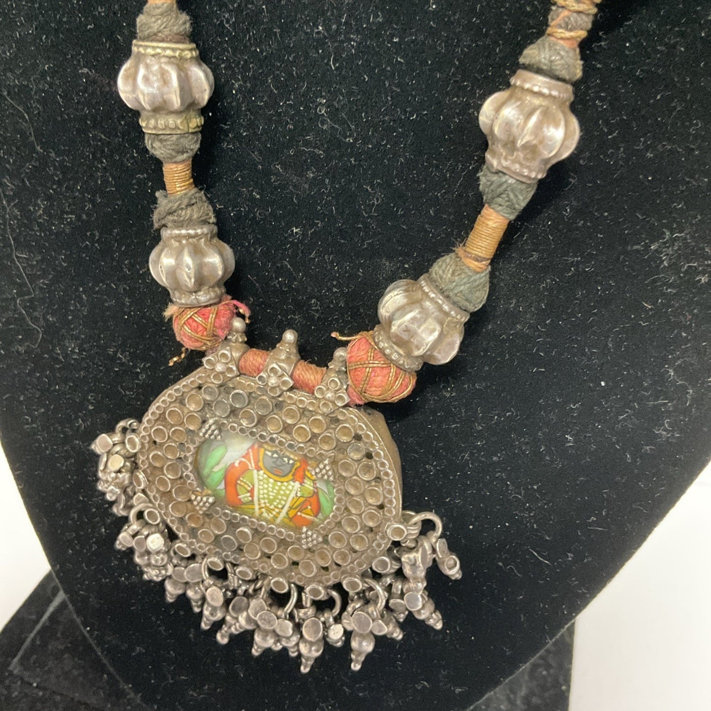 Mid Century Rajasthani Necklace Hand Painted Pendant With Silver Casing
