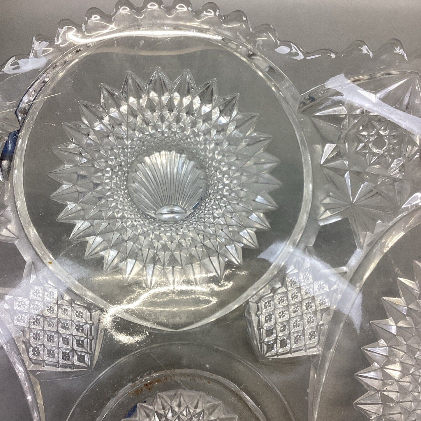 Vintage Decorative Glass Cut Glass Fruit Punch Bowl And 12 Cups Set