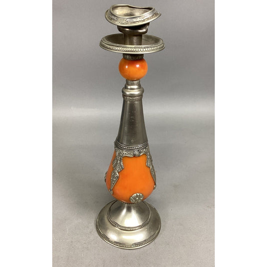 VINTAGE ORNATE Orange METAL/Bakelite CANDLESTICK CANDLE HOLDER - 13.5”H