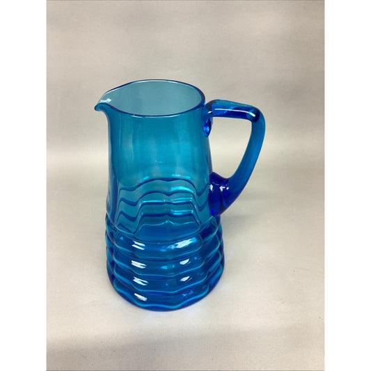 Vintage Art Glass Blue Water Jug Pitcher W/ Handle - 10.5”H