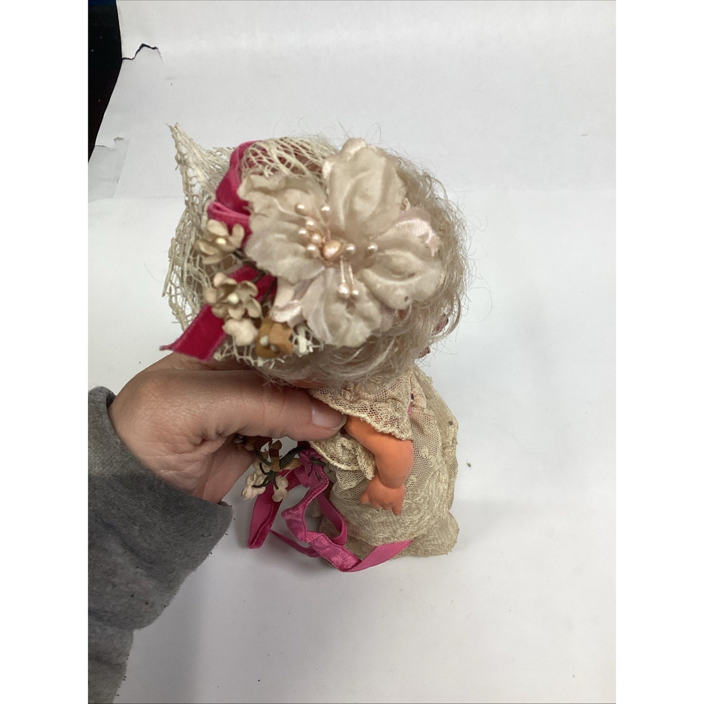 Vintage 1970’s Victorian Southern Belle W/ Lace Gown & Bonnet Made In Hong Kong