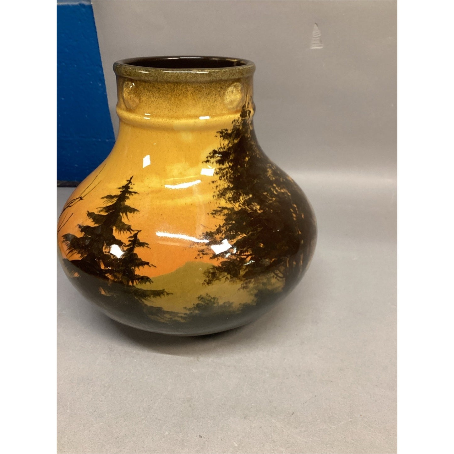 Vintage Majolica Vase Schramberg Landscape - Trees & House