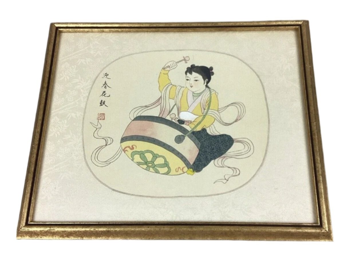 Antique Chinese Watercolor Painting On Silk - Girl Playing Drums