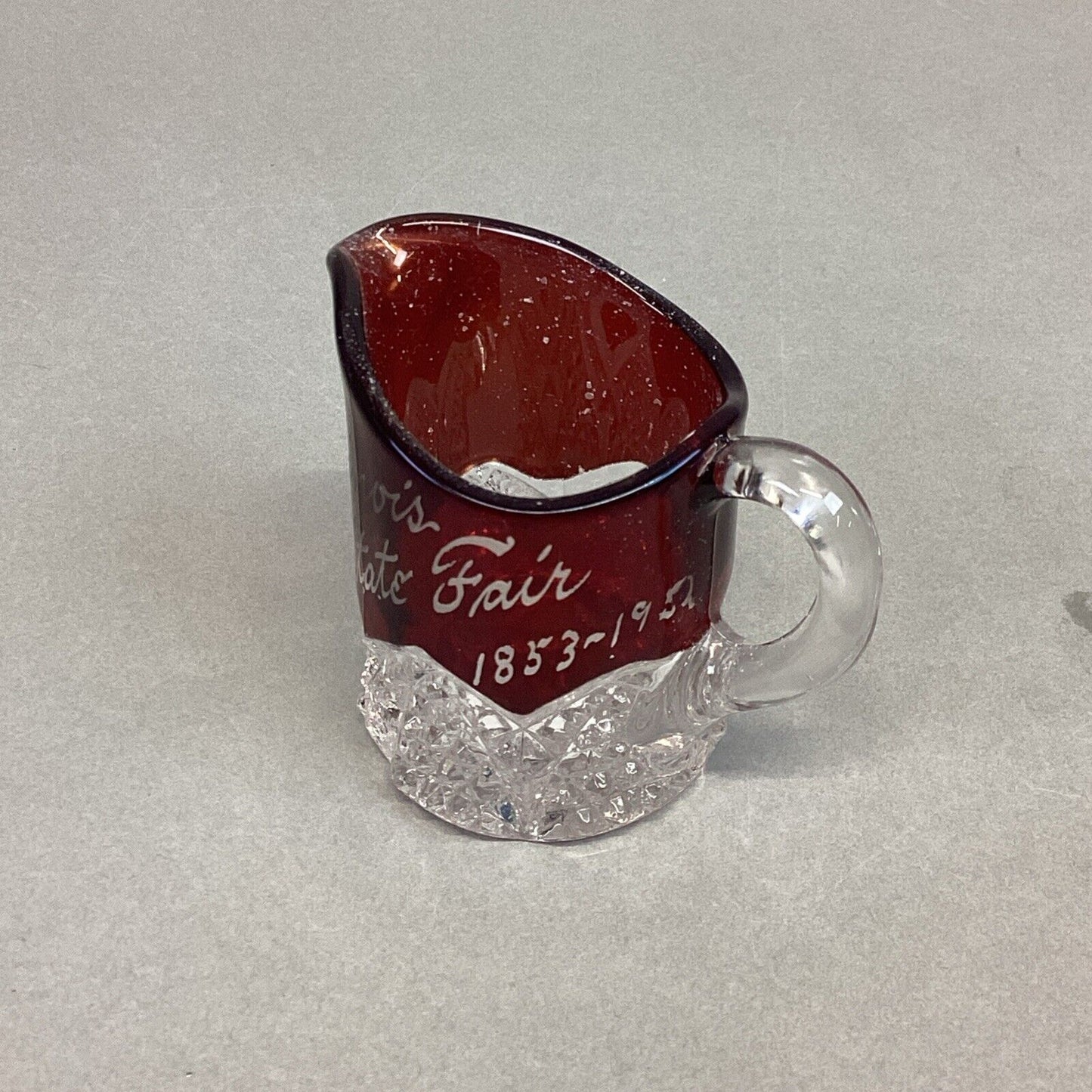 RUBY STAINED GLASS MINIATURE GLASS, TOOTHPICK ILLINOIS STATE FAIR 1853-1952