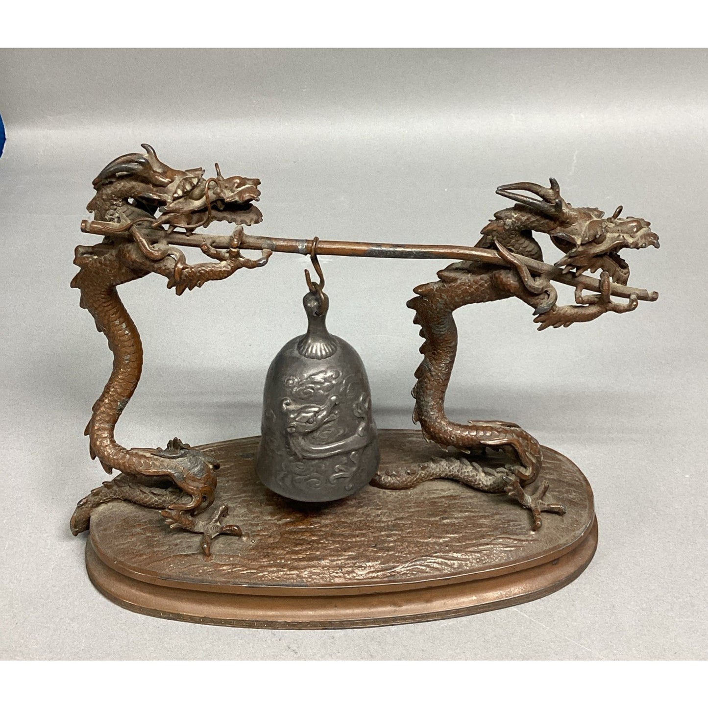 Vintage Chinese Bronze Dragons W/ Suspended Bell Statue Figurine - 8.5x3.5x7”