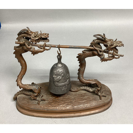 Vintage Chinese Bronze Dragons W/ Suspended Bell Statue Figurine - 8.5x3.5x7”