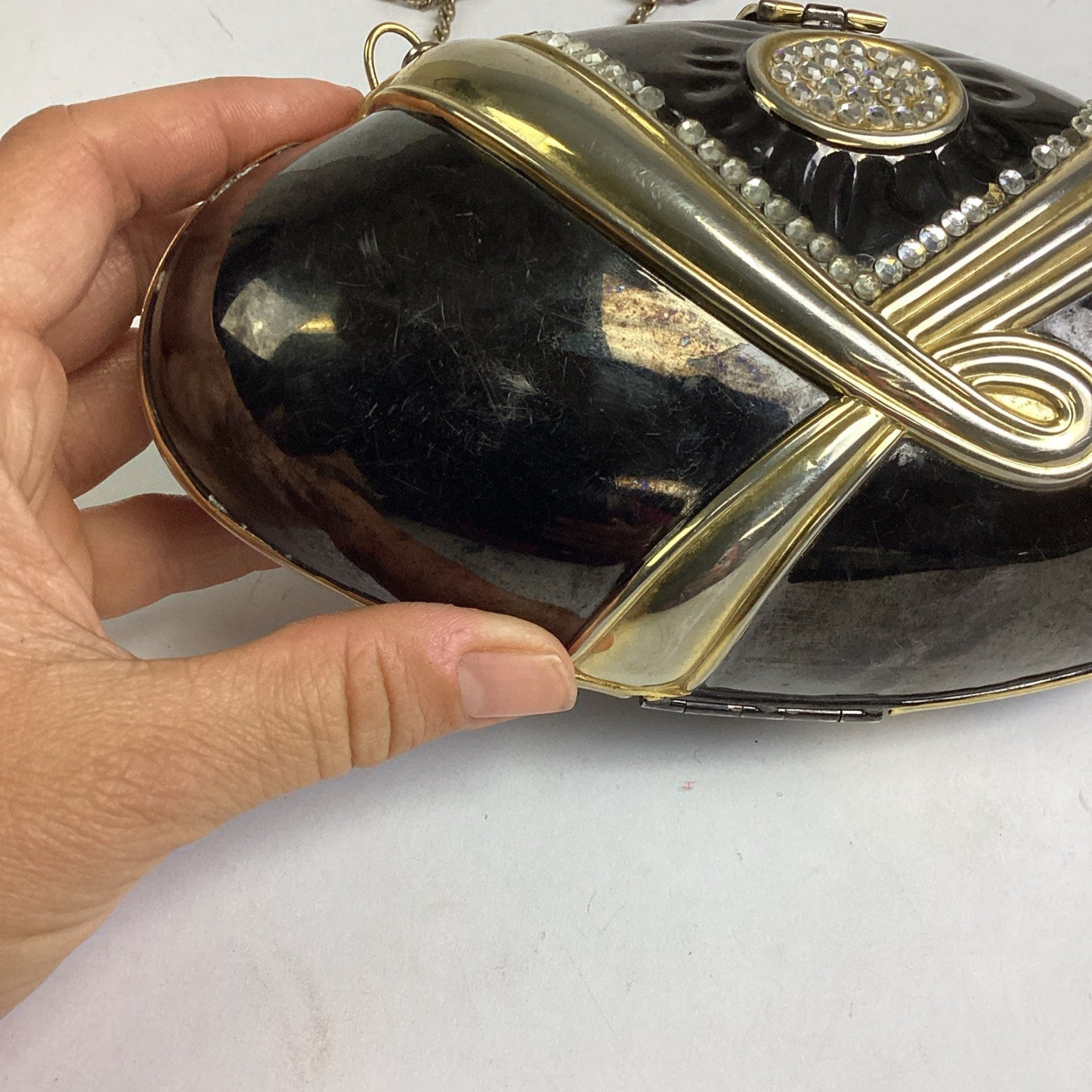Vintage Black Evening Bag With Gold Trim, Rhinestones And Gold Chain
