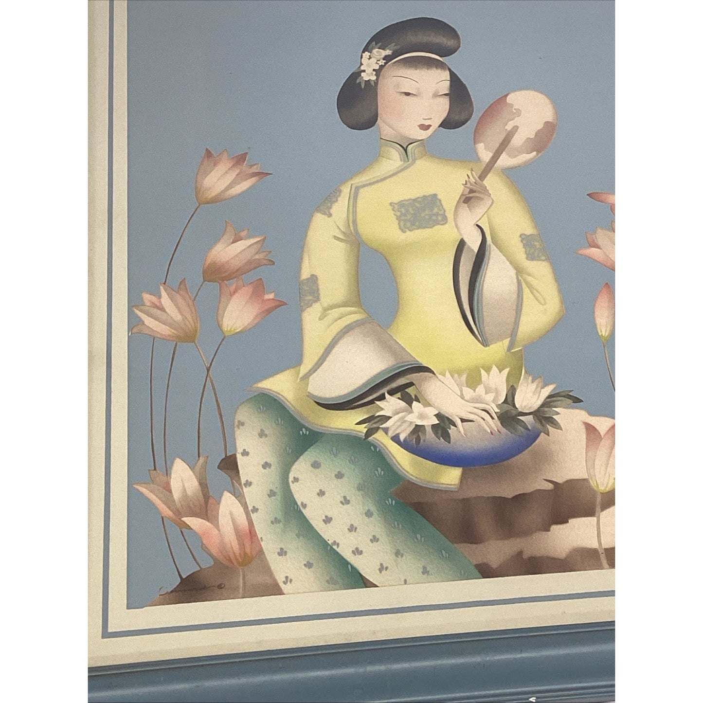Vintage Framed Lithograph of a Sitting Asian Woman Among Lotus Flowers 24.5x20”