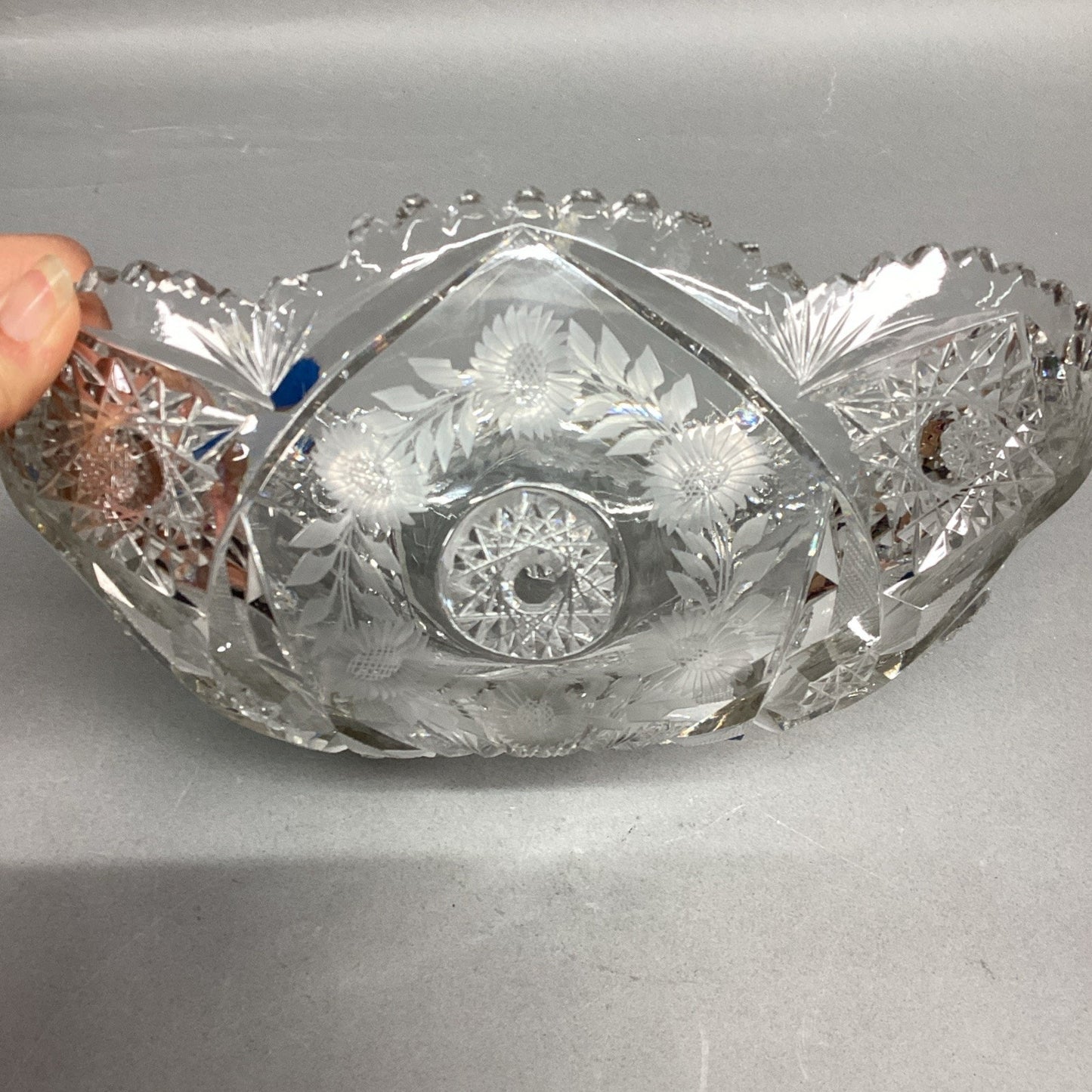 Vintage Heavy Cut Glass Bowl With Sawtooth Edges - Floral & Sunburst - 11x7”