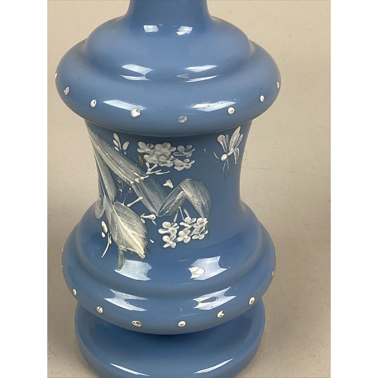 Vintage Blue Cologne Bottle Decanter White Enamel Florals Hand Painted - 8.5”H