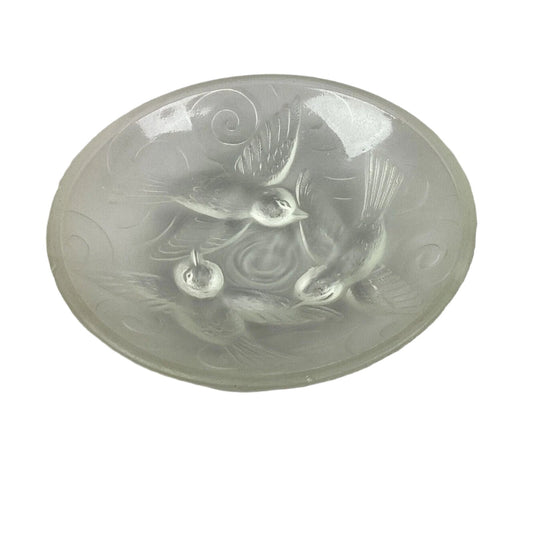 Vintage Czech Frosted Crystal Glass Flying Birds Trinket Dish - 4”