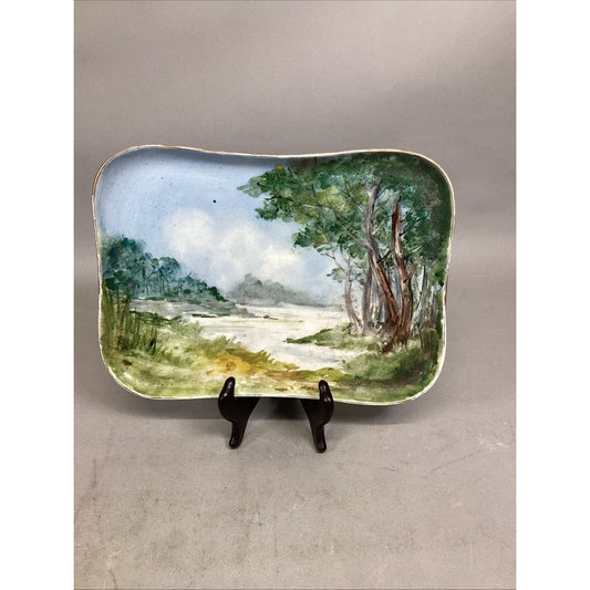Vintage Hand Painted Wooded Lake Scene Decorative Ceramic Tray - 11x8”