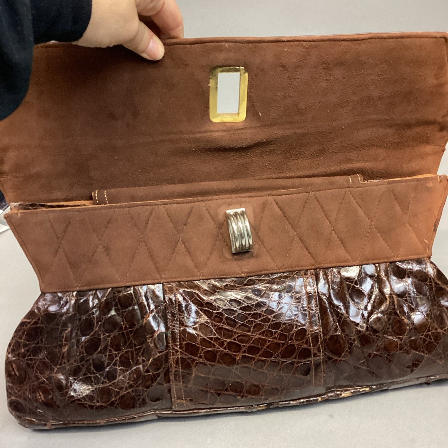 Vintage Genuine Alligator Skin Brown Leather Satchel Case