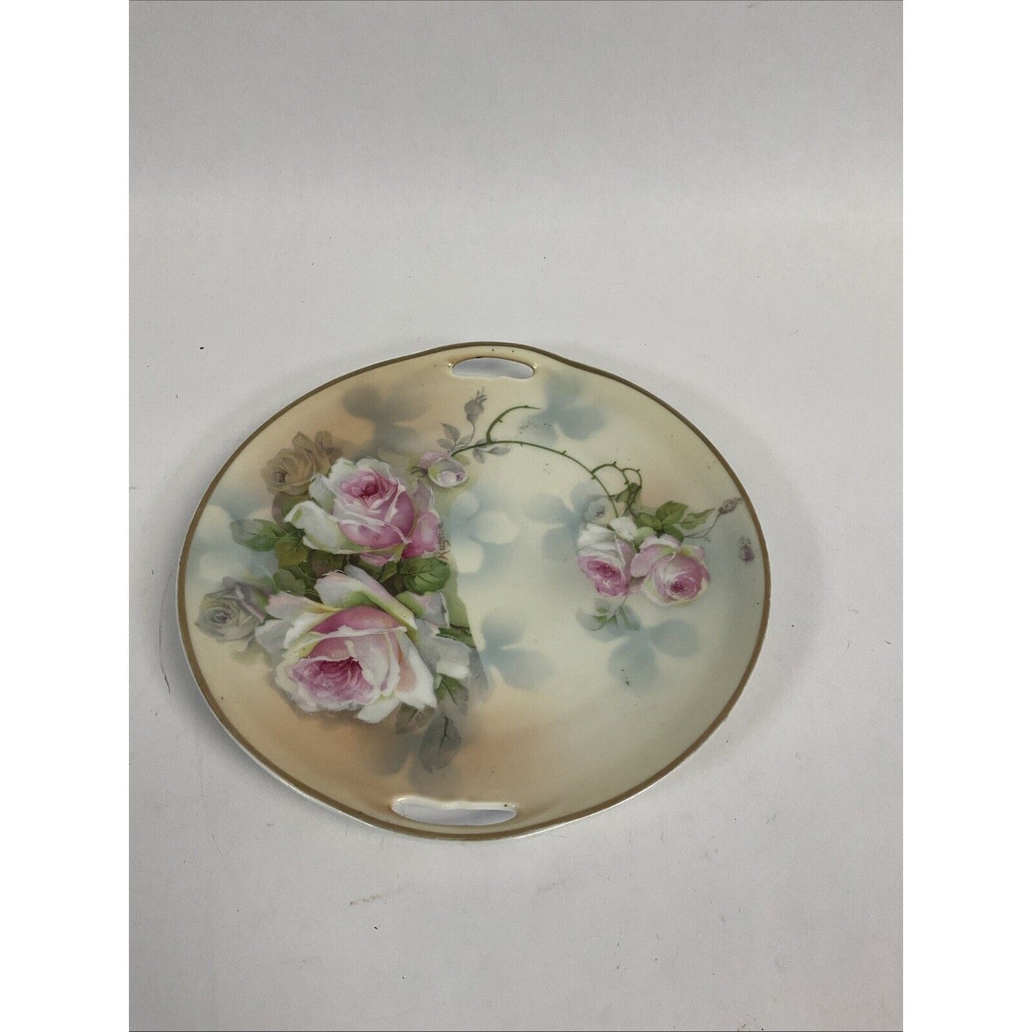 Vintage Antique Pink Cabbages Roses Platter Handles Gold Gilt 9.5"D