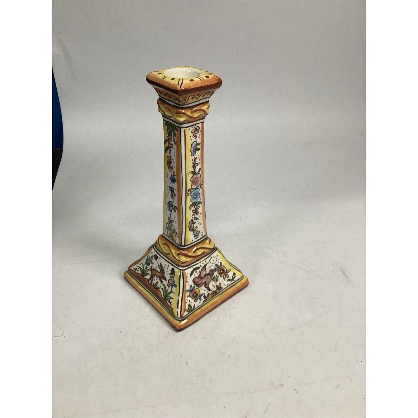 Portuguese Majolica Holu Candlestick W/ Bunnies, Birds And Flowers