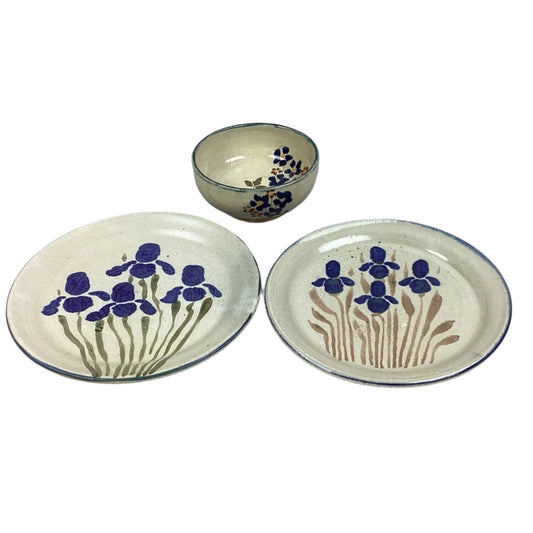 Set Of 3 Handmade Art Pottery Floral Bowl And 2 Plates