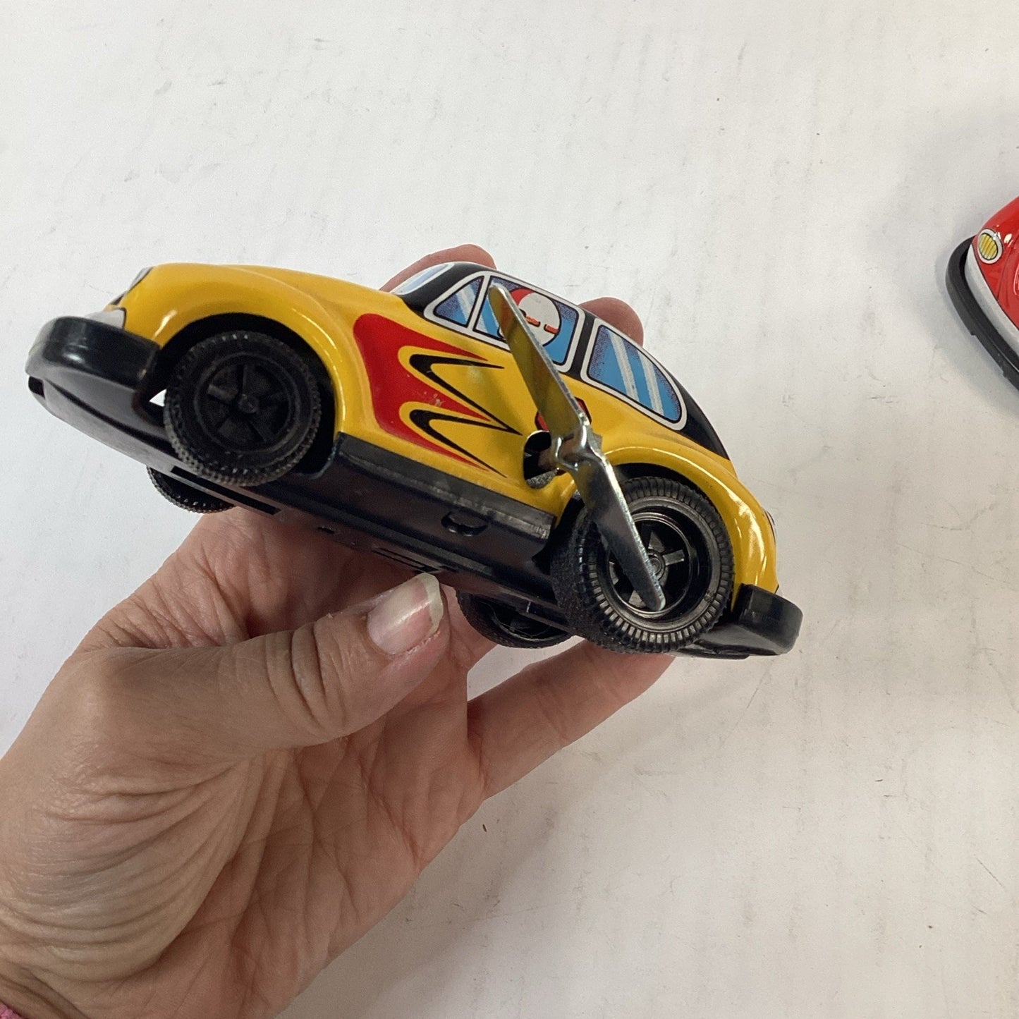 Vintage Lot of 2 Volkswagon Beetle Fire Chief/Racing Wind Up Tin Litho Japan
